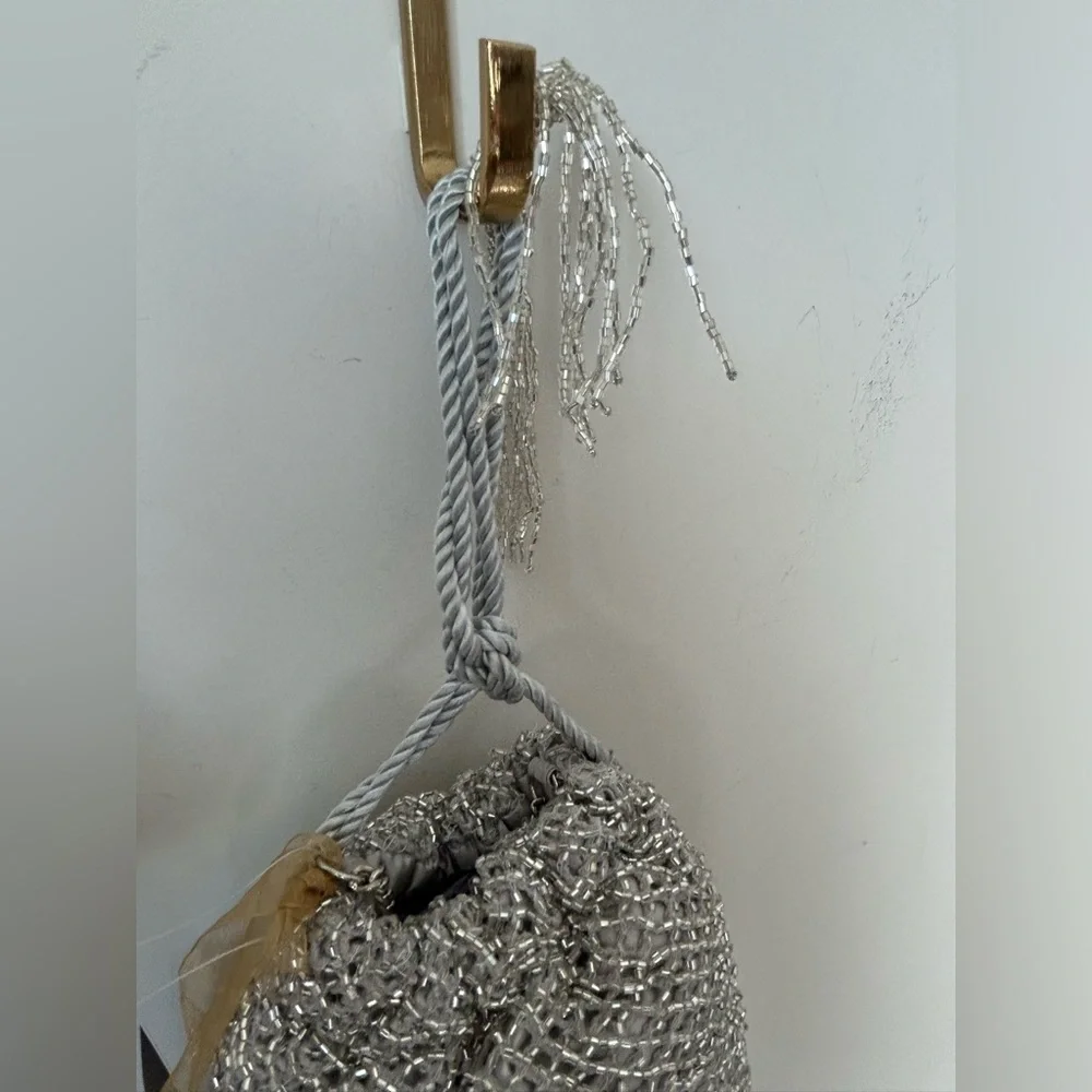 Silver Beaded Clutch with Fringe - Picture 2 of 6